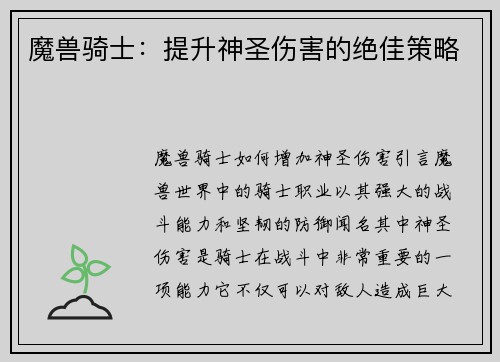 魔兽骑士：提升神圣伤害的绝佳策略